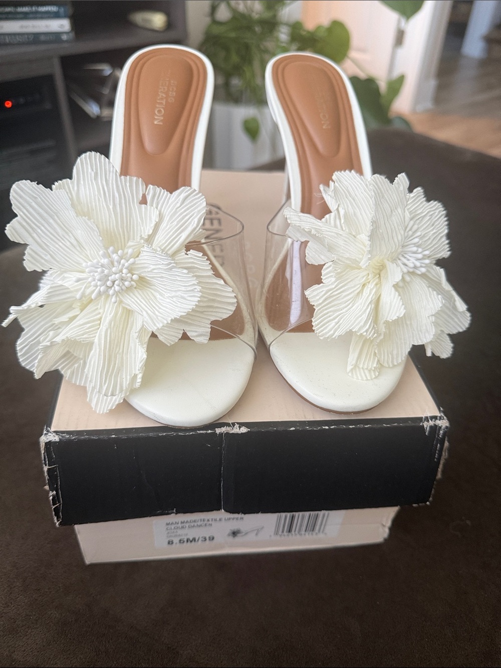 BCBGeneration White Floral Clear-Strap Slide Mules